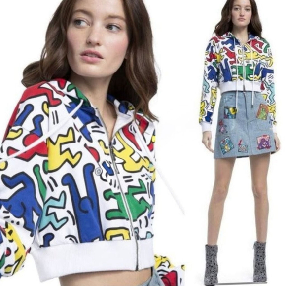 Alice + Olivia x Keith Haring Cropped Wide Sleeve Hoodie M Artsy Wearable Art - Picture 2 of 9